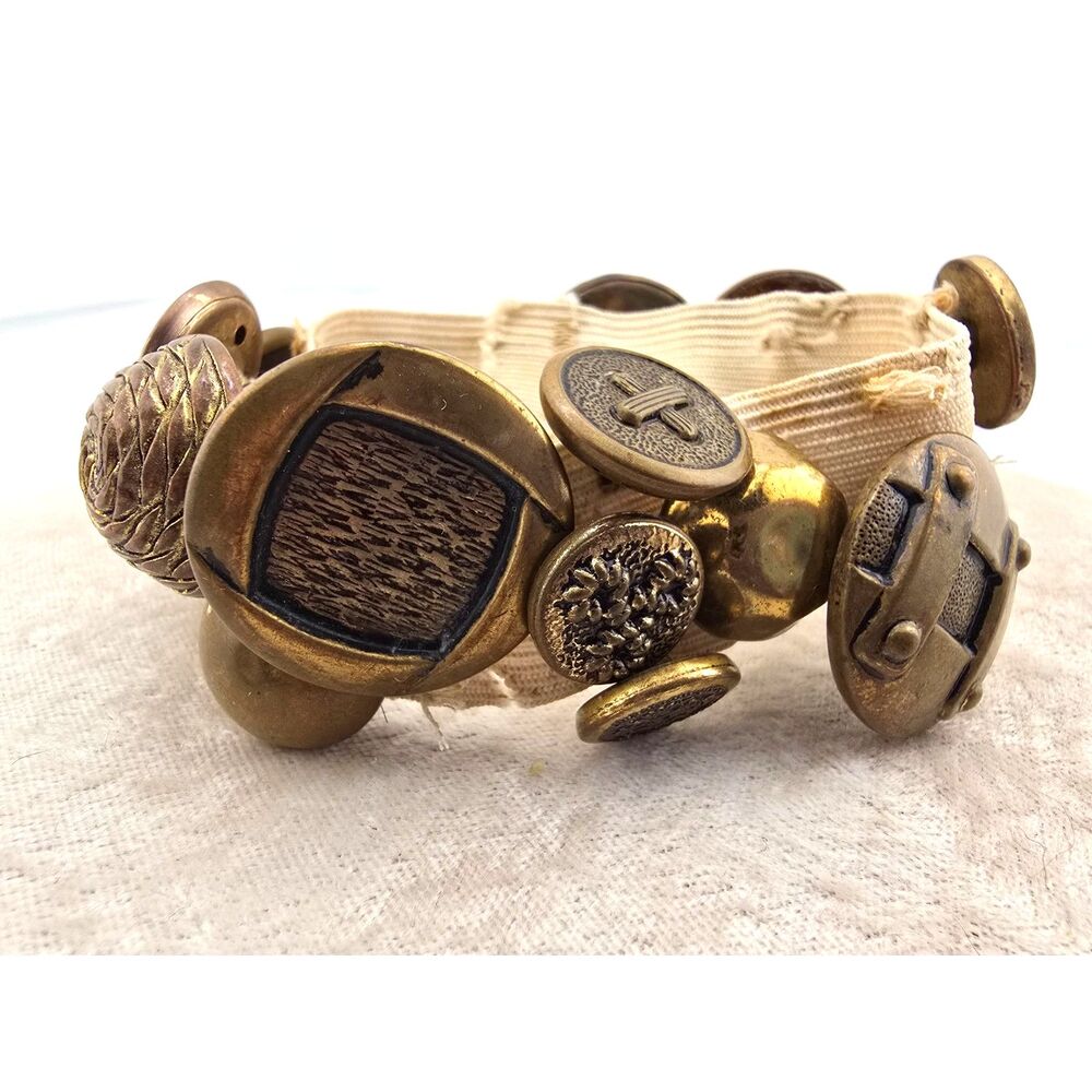 Vintage Brass Button Collection Old Elastic Bracelet 20 Buttons Large & Small